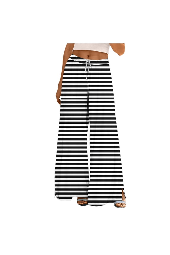 Palazzo Pants for Women Drawstring Elastic High Waisted Side Split Striped Wide Leg Pants Baggy Casual Trousers