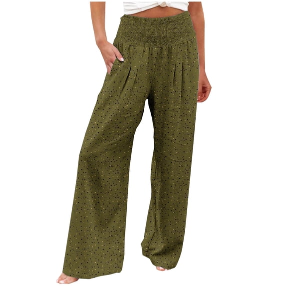 Ltctricy Palazzo Pants for Women Printed Elastic High Waisted Pleated Wide Leg Pants Baggy Casual Pants with Pockets(Army Green,Large)