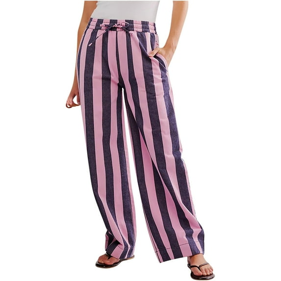 Ltctricy Palazzo Pants for Women Striped Drawstring Elastic High Waisted Wide Leg Pants Casual Loose Trousers with Pockets