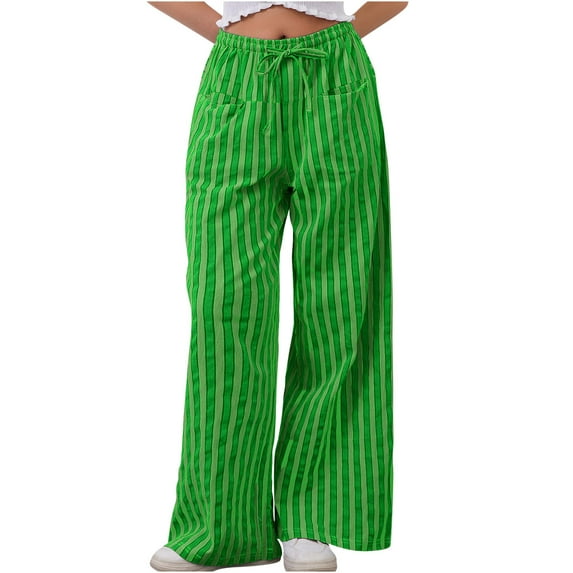 Ltctricy Palazzo Pants for Women Striped Drawstring Elastic High Waisted Wide Leg Pants Casual Loose Trousers with Pockets