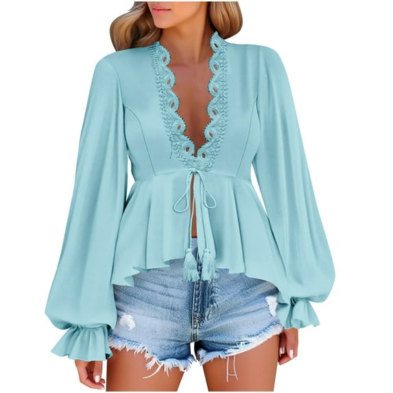Ltctricy Peplum Tops for Women Ruffle Long Sleeve Deep V Neck Lace Trim Tie Front Babydoll Shirts High Low Hem Tunic Blouses(Light Blue,X-Large)