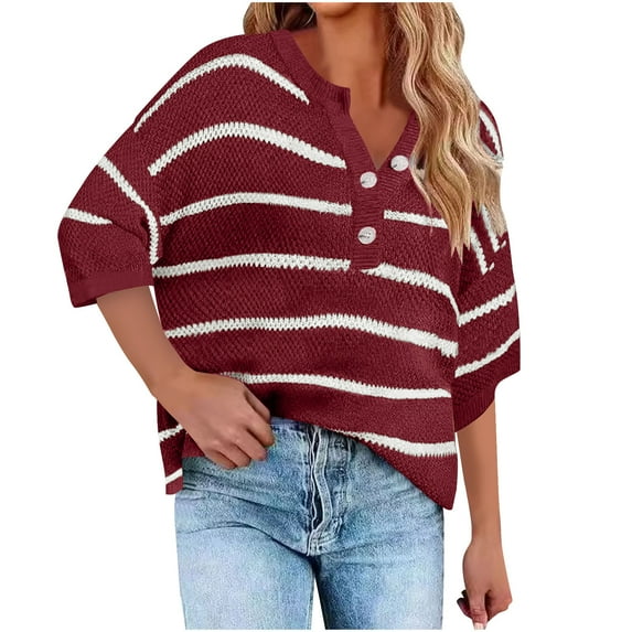Ltctricy Plus Size Sweater for Women Oversized Knitted 3/4 Sleeve Pullover Tops Casual V Neck Loose Shirts