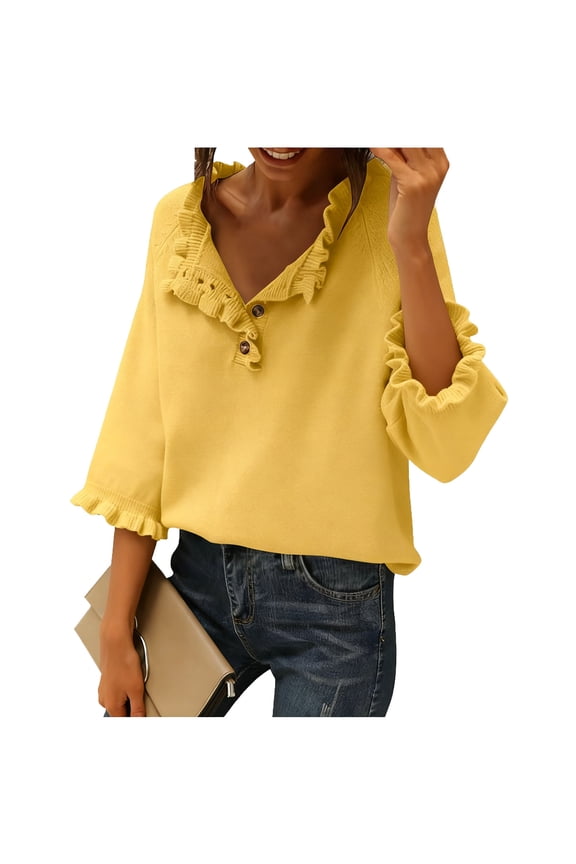 Plus Size Sweaters for Women 3/4 Sleeve Half Button Mock Neck Ruffle Trim Knit Pullover Jumper Tops Loose Casual Sweaters(Yellow,Large)