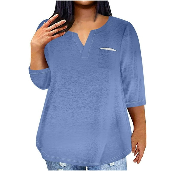 Ltctricy Plus Size Tops for Women 3/4 Length Sleeve V Neck Curved Hem Casual Loose T Shirts Tunic Tee Blouses(Blue,Large)
