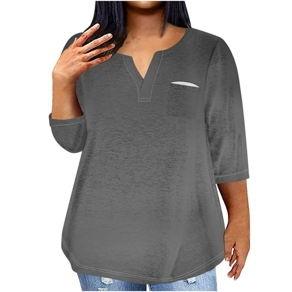 Ltctricy Plus Size Tops for Women 3/4 Length Sleeve V Neck Curved Hem Casual Loose T Shirts Tunic Tee Blouses(Dark Gray,Large)
