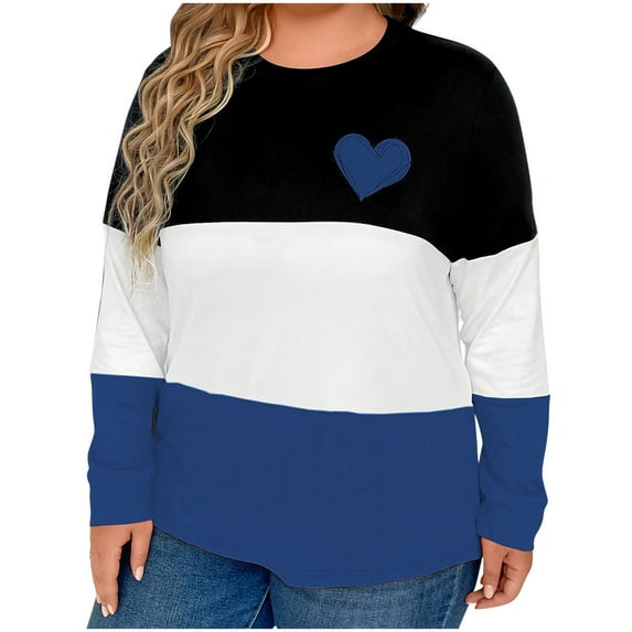 Ltctricy Plus Size Tops for Women Casual Crew Neck Long Sleeve Color Block Graphic T Shirts Loose Tunic Blouses