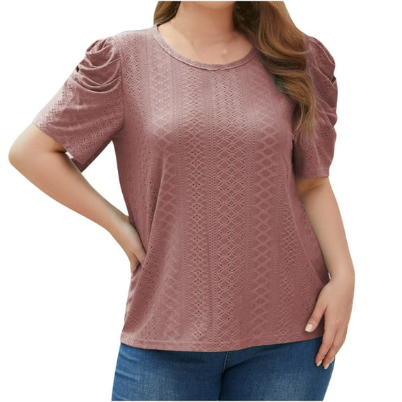 Ltctricy Plus Size Tops for Women Eyelet Embroidered Crew Neck Puff Short Sleeve T Shirts Casual Loose Tee Blouses