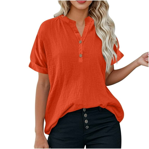 Ltctricy Plus Size Tops for Women Short Sleeve V Neck Half Button Solid Color Casual Work Blouses Loose Summer Shirts