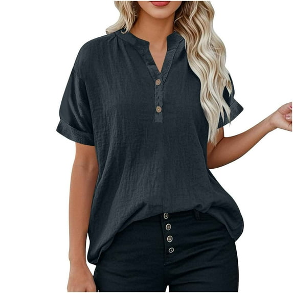 Ltctricy Plus Size Tops for Women Short Sleeve V Neck Half Button Solid Color Casual Work Blouses Loose Summer Shirts