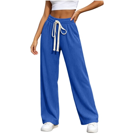 Ltctricy Ribbed Wide Leg Pants for Women Drawstring Comfy Yoga Pants Casual Loose Elastic Waisted Lounge Pants(Blue,One Size)