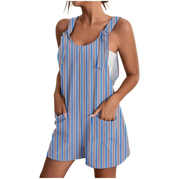 Ltctricy Rompers for Women Summer Casual Sleeveless Tie Shoulder Scoop Neck Striped Jumpsuits Loose Short Overalls with Pockets