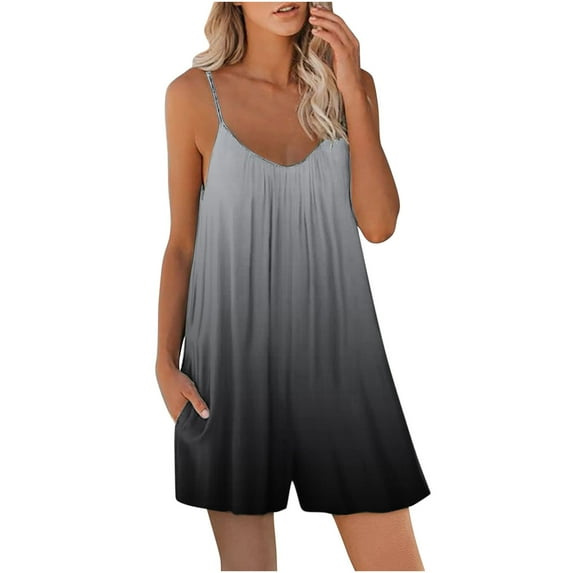 Ltctricy Rompers for Women Summer Sleeveless V Neck Spaghetti Strap Gradient Short Jumpsuits Casual Loose Overall Shorts with Pockets
