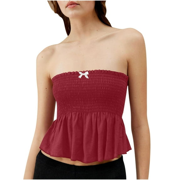 Ltctricy Strapless Babydoll Tops for Women Casual Pleated Solid Color Sleeveless Bandeau Peplum Tops Going out Tube Tops