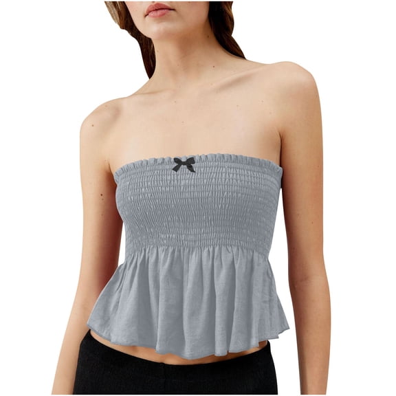 Ltctricy Strapless Babydoll Tops for Women Casual Pleated Solid Color Sleeveless Bandeau Peplum Tops Going out Tube Tops