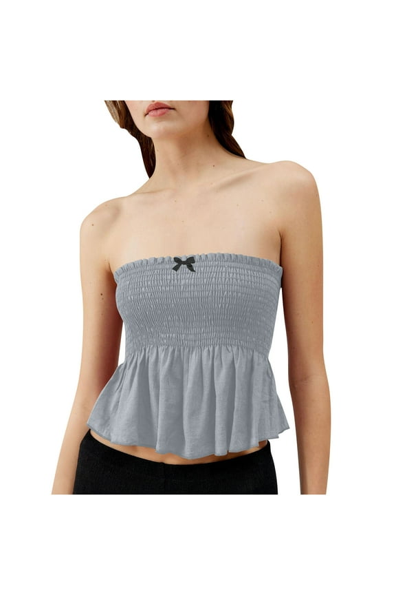 Strapless Babydoll Tops for Women Casual Pleated Solid Color Sleeveless Bandeau Peplum Tops Going out Tube Tops