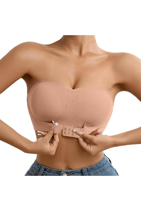 Strapless Bras for Women Seamless No Underwire Push up Front Closure Bralettes One Piece Bandeau Bras(Gold,Large)