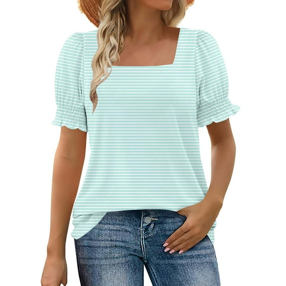Ltctricy Summer Tops for Women Fashion Casual Puffl Short Sleeve Square Neck Striped T Shirts Loose Tunic Tee Blouses