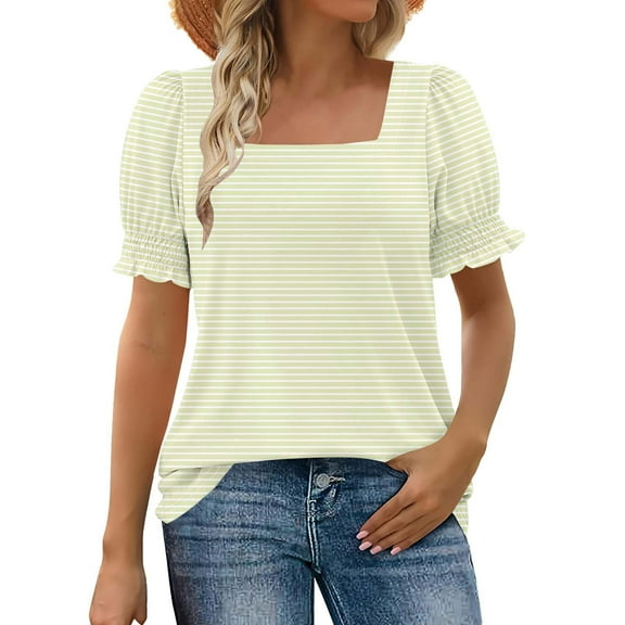 Ltctricy Summer Tops for Women Fashion Casual Puffl Short Sleeve Square Neck Striped T Shirts Loose Tunic Tee Blouses