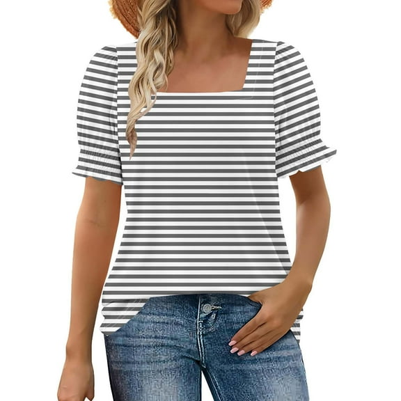 Ltctricy Summer Tops for Women Fashion Casual Puffl Short Sleeve Square Neck Striped T Shirts Loose Tunic Tee Blouses