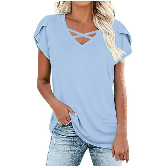 Ltctricy Summer Tops for Women Fashion Short Sleeve V Neck Criss Cross Solid Color Tunic T-Shirts Loose Casual Blouses