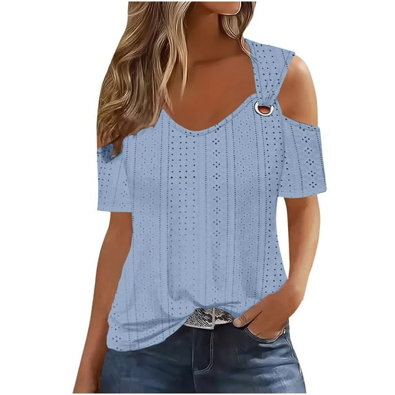 Ltctricy Summer Tops for Women Plus Size Eyelet Embroidered V Neck Cold Shoulder Short Sleeve T Shirts Casual Tunic Blouses