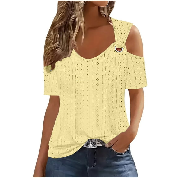 Ltctricy Summer Tops for Women Plus Size Eyelet Embroidered V Neck Cold Shoulder Short Sleeve T Shirts Casual Tunic Blouses