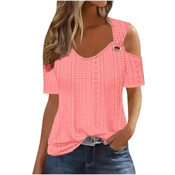 Ltctricy Summer Tops for Women Plus Size Eyelet Embroidered V Neck Cold Shoulder Short Sleeve T Shirts Casual Tunic Blouses