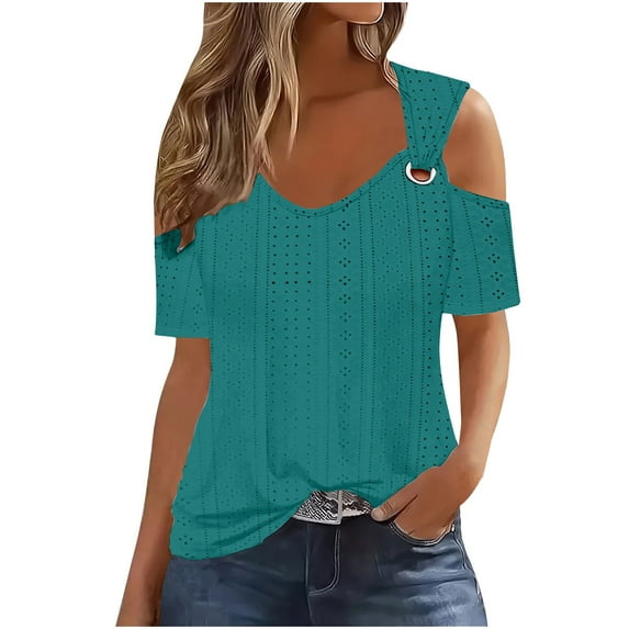 Ltctricy Summer Tops for Women Plus Size Eyelet Embroidered V Neck Cold Shoulder Short Sleeve T Shirts Casual Tunic Blouses
