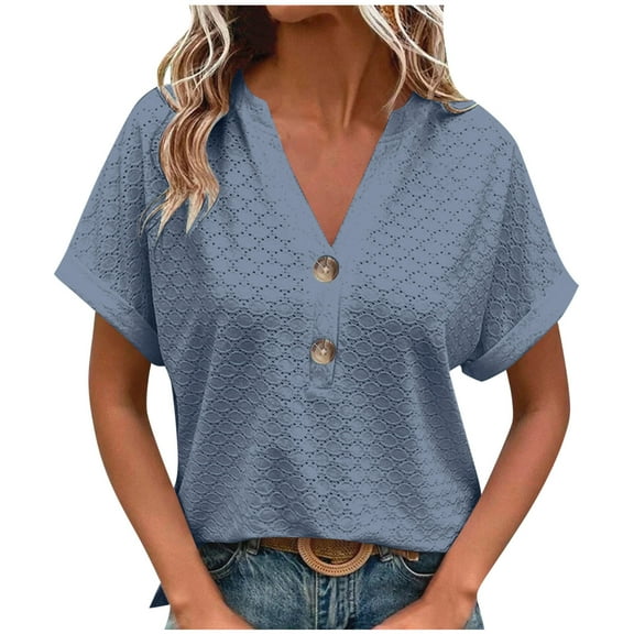 Ltctricy Summer Tops for Women Plus Size Short Sleeve V Neck Quarter Button Eyelet Embroidered T-Shirts Loose Casual Tees