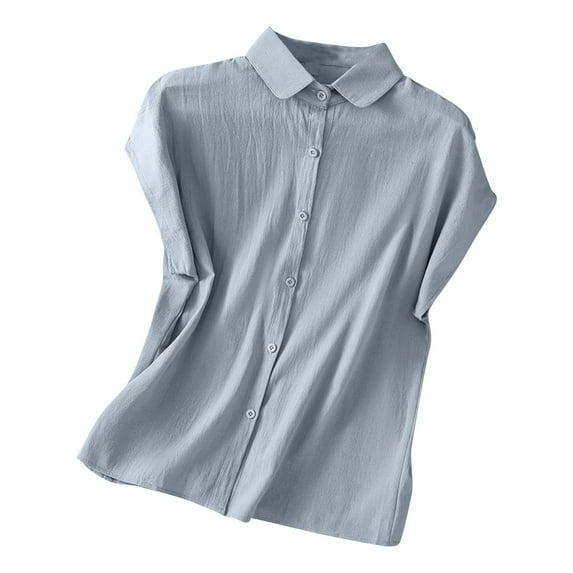 Ltctricy Summer Tops for Women Trendy Cotton Cap Short Sleeve Collared Solid Color Button down Shirts Casual Loose Blouses