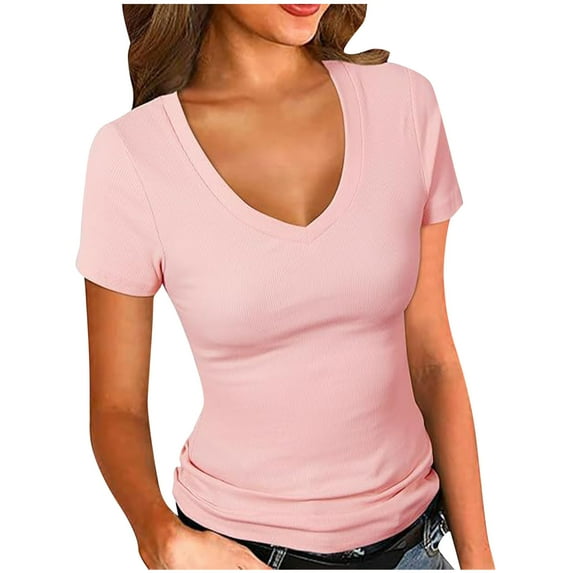 Ltctricy Summer Tops for Women Trendy Soft Casual Short Sleeve V Neck Solid Color Slim Basic T-Shirts Going out Tees