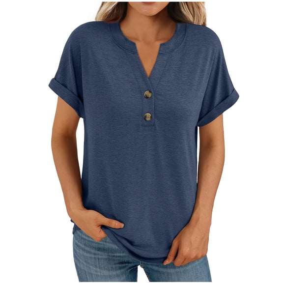 Ltctricy Summer for Women Dressy Casual Short Sleeve V Neck Quarter Button Henley T-Shirts Loose Tunic Tee Blouses