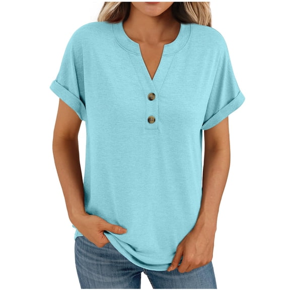 Ltctricy Summer for Women Dressy Casual Short Sleeve V Neck Quarter Button Henley T-Shirts Loose Tunic Tee Blouses