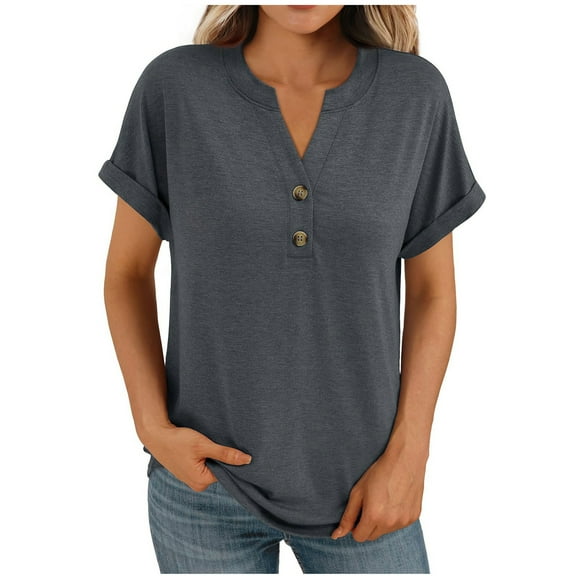 Ltctricy Summer for Women Dressy Casual Short Sleeve V Neck Quarter Button Henley T-Shirts Loose Tunic Tee Blouses