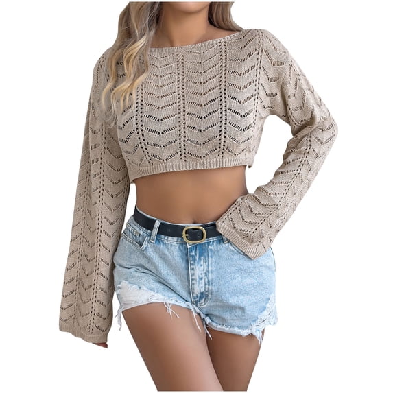 Ltctricy Sweaters for Women Casual Long Sleeve Hollow out Boat Neck Crochet Knit Crop Tops Loose Pullover Sweaters(Khaki,X-Large)