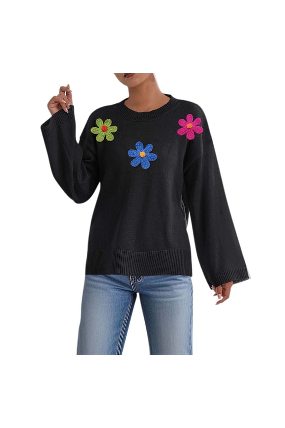 Sweaters for Women Soft Casual Long Sleeve Crew Neck Side Split Floral Knit Pullover Sweater Tops Fall Winter Clothes(Black,X-Large)