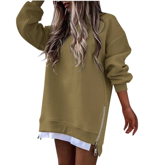 Ltctricy Sweatshirts Dress for Women Casual Long Sleeve Crewneck Mini Dress Oversized Loose Side Slits Zipper Pullover Dress