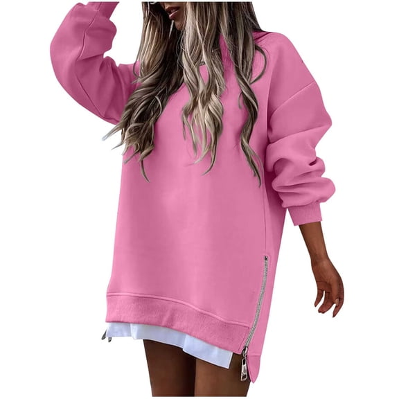 Ltctricy Sweatshirts Dress for Women Casual Long Sleeve Crewneck Mini Dress Oversized Loose Side Slits Zipper Pullover Dress