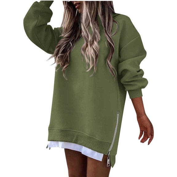 Ltctricy Sweatshirts Dress for Women Casual Long Sleeve Crewneck Mini Dress Oversized Loose Side Slits Zipper Pullover Dress