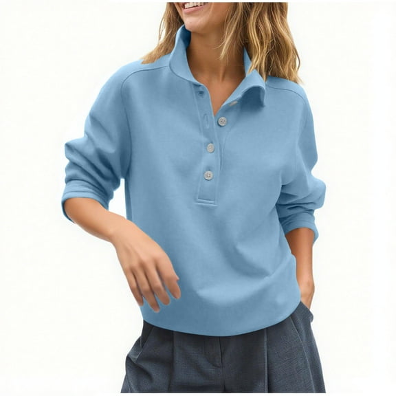 Ltctricy Sweatshirts for Women Fashion Long Sleeve Half Button Collared Casual Loose Pullover Tops Fall Winter Clothes(Light Blue,X-Large)