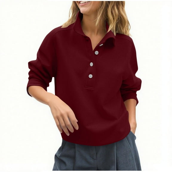 Ltctricy Sweatshirts for Women Fashion Long Sleeve Half Button Collared Casual Loose Pullover Tops Fall Winter Clothes(Wine,Small)