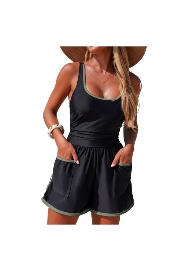 Swim Rompers for Women Sleeveless Scoop Neck Ruched Color Block Bathing Suits with Pockets One Piece Swimsuits
