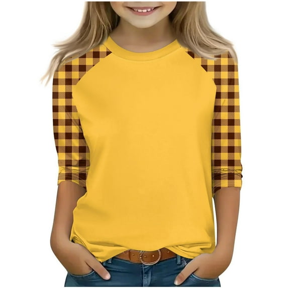 Ltctricy T Shirts for Girls 3/4 Sleeve Crew Neck Color Block Plaid Tunic Tops Soft Casual Tee Blouses 4-15 Years(Yellow,5-6 Years)