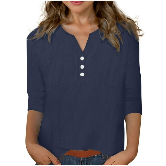 Ltctricy T Shirts for Girls Children 3/4 Sleeve V Neck Quarter Button Solid Color Tunic Tops Casual Loose Tee Blouses(Navy,6-7 Years)