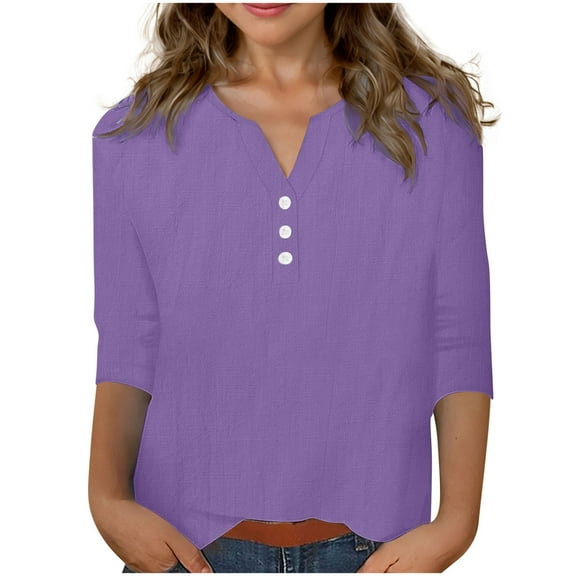 Ltctricy T Shirts for Girls Children 3/4 Sleeve V Neck Quarter Button Solid Color Tunic Tops Casual Loose Tee Blouses(Purple,6-7 Years)
