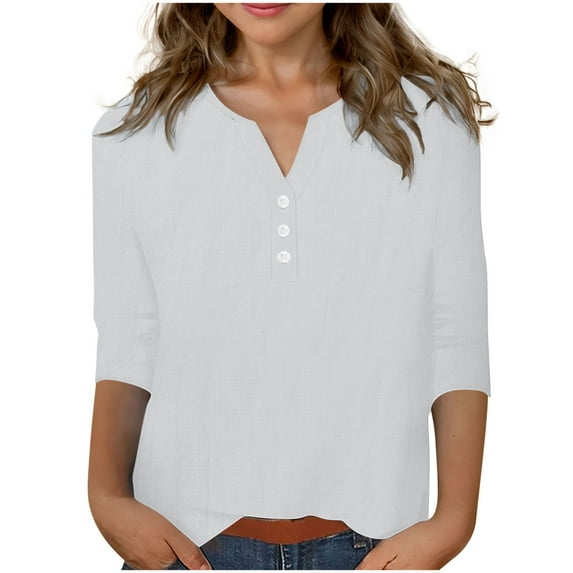 Ltctricy T Shirts for Girls Children 3/4 Sleeve V Neck Quarter Button Solid Color Tunic Tops Casual Loose Tee Blouses(White,6-7 Years)