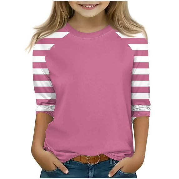 Ltctricy T Shirts for Girls Children Fashion 3/4 Sleeve Crew Neck Color Block Striped Tunic Tops Basic Casual Tee Blouses(Purple,11-12 Years)
