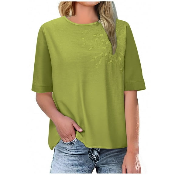 Ltctricy T Shirts for Women Trendy Crew Neck Short Sleeve Solid Color Embroidered Tops Casual Loose Tee Blouses