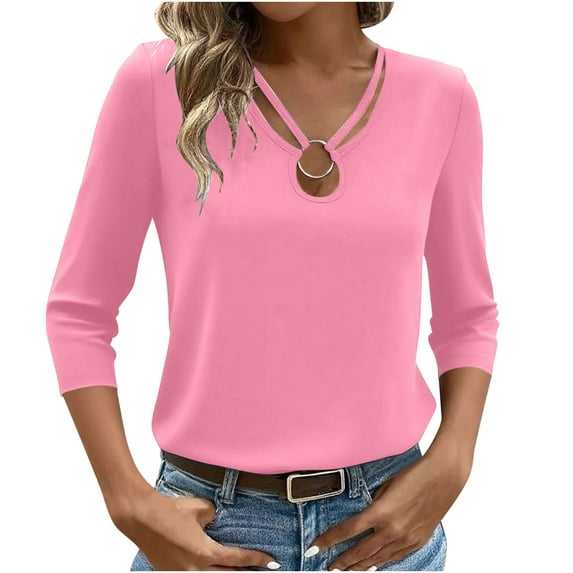 Ltctricy T Shirts for Women 3/4 Length Sleeve V Neck Hollow out Solid Color Tunic Tops Casual Loose Tee Blouses(Pink,X-Large)