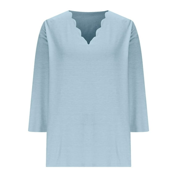 Ltctricy T Shirts for Women Fashion 3/4 Length Sleeve V Neck Scalloped Trim Solid Color Tunic Tops Casual Loose Tee Blouses(Blue,X-Large)